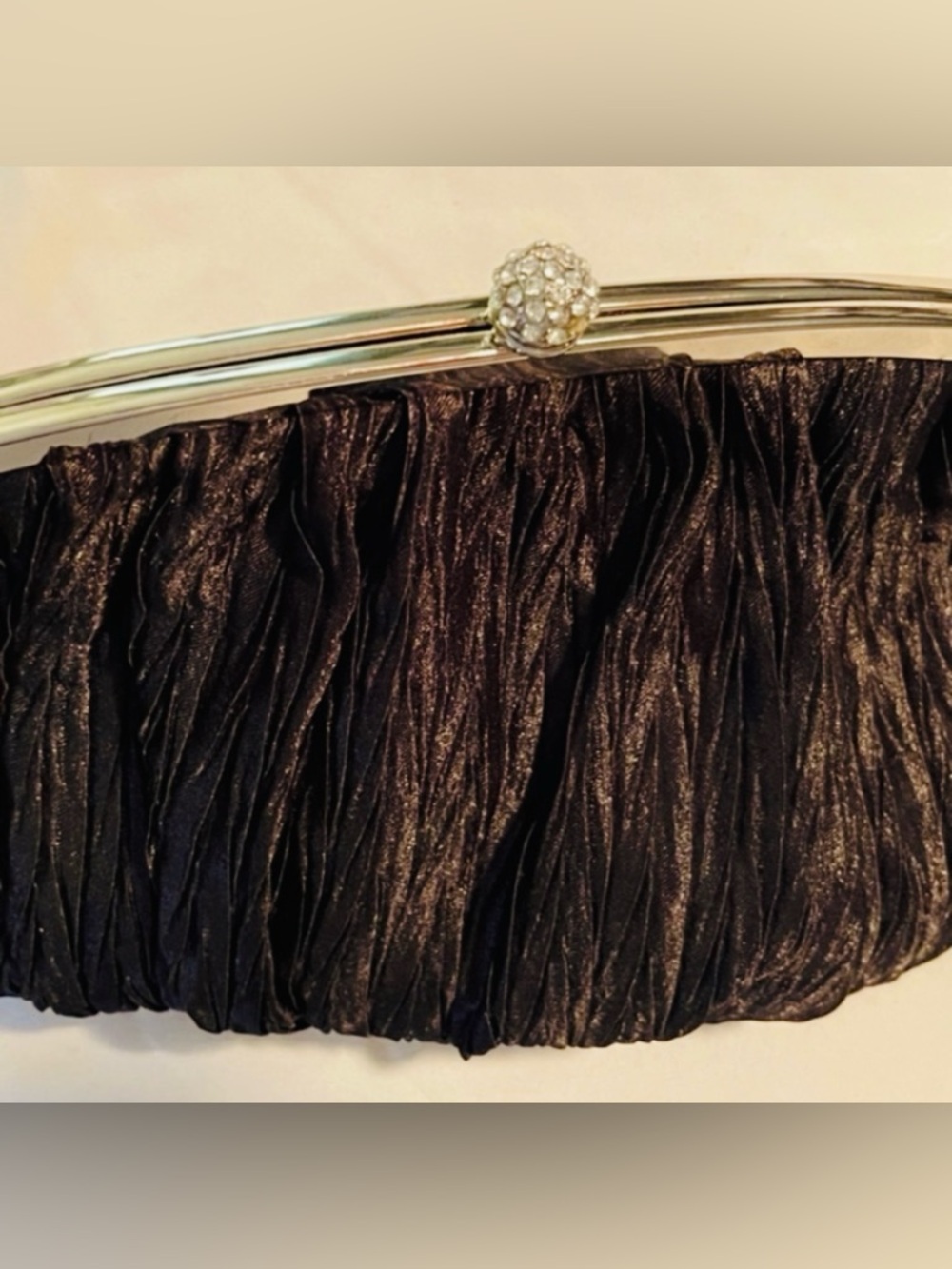 Vintage 80's Neiman Marcus Clutch Black Ruffled Silk CZ Inlaid Round Clasp EUC